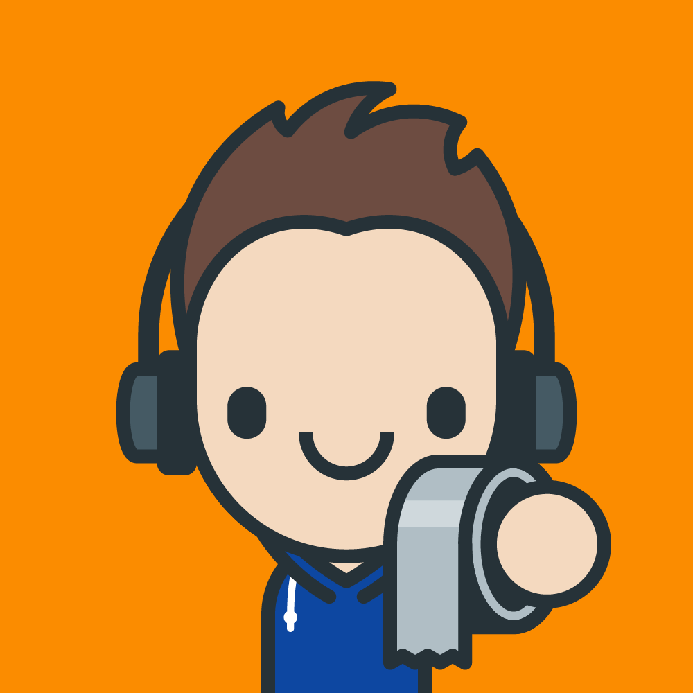 Stylized person in blue hoodie wearing headphones and holding duct tape.
